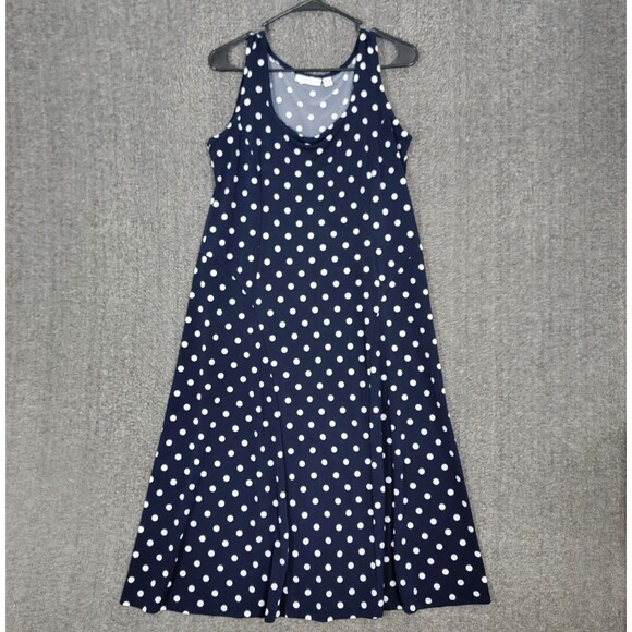 Susan Graver Dress Womens PM MP Blue White Polka Dot Sleeveless Liquid Knit Midi - Picture 1 of 12